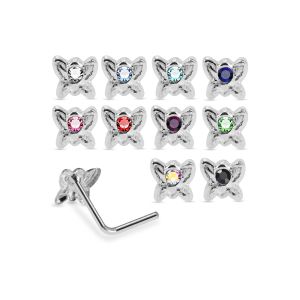 925 Sterling Silver Jeweled Mini Butterfly L-Bend Nose Stud Box (20 Pieces)