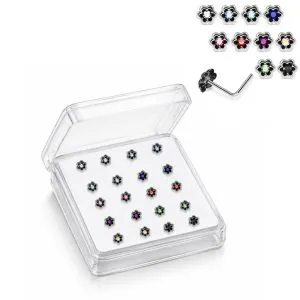925 Sterling Silver Jeweled Petal Bloom L-Bend Nose Stud Box (20 Pieces)