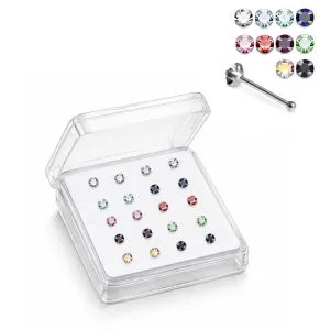 Professional wholesale display box of 925 sterling silver jeweled petal prong ball end nose studs in assorted colors.