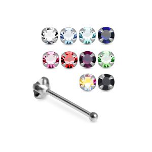 Assortment of rhinestone colors for 925 sterling silver jeweled petal prong ball end nose studs including clear, aqua, sapphire blue, pink, red, green, AB, and black.