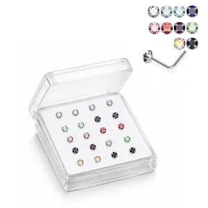 Professional wholesale display box of 925 sterling silver jeweled petal prong L-bend nose studs in assorted colors.