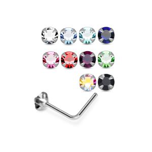 Assortment of rhinestone colors for 925 sterling silver jeweled petal prong L-bend nose studs including clear, aqua, sapphire blue, pink, red, green, AB, and black.