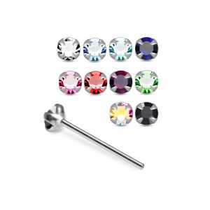Assortment of rhinestone colors for 925 sterling silver jeweled petal prong straight end nose studs including clear, aqua, sapphire blue, pink, red, green, AB, and black.