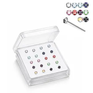 Professional wholesale display box of 925 sterling silver jeweled petal prong straight end nose studs in assorted colors.