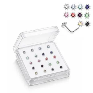 Professional wholesale display box of 925 sterling silver jeweled petal sun rhinestone L-bend nose studs in assorted colors.