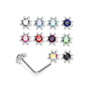 Assortment of rhinestone colors for 925 sterling silver jeweled petal sun L-bend nose studs including clear, aqua, sapphire blue, pink, red, green, AB, and black.
