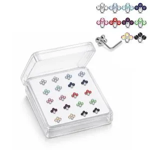 925 Sterling Silver Jeweled Quad Cluster  L-Bend Nose Stud Box (20 Pieces)