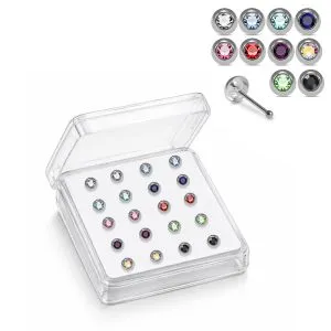 Professional wholesale display box of 925 sterling silver round bezel nose bone studs in assorted rhinestone colors.