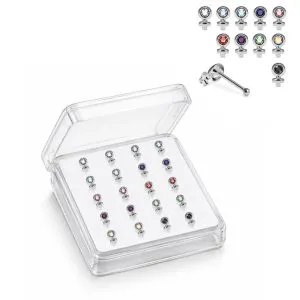 925 Sterling Silver Jeweled Round Bezel Ball End Nose Stud Box (20pcs / 40pcs)