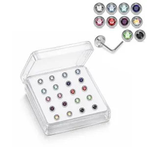 Professional wholesale display box of 925 sterling silver round bezel CZ nose bone studs in assorted rhinestone colors.
