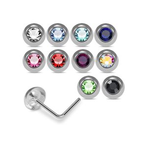 Assorted round bezel rhinestone nose bone studs in 925 sterling silver featuring multiple colors including blue, pink, red, green, black, and aurora borealis.