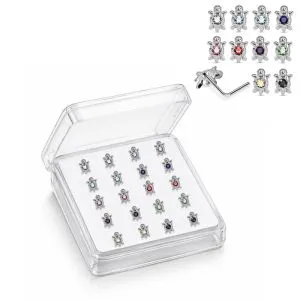 925 Sterling Silver Jeweled Sea Turtle L-Bend Nose Stud Box (20 Pieces)