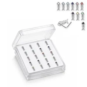 Professional wholesale display box of 925 sterling silver jeweled skeleton fish rhinestone L-bend nose studs in assorted colors.