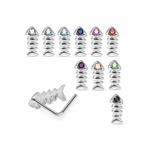 Assortment of rhinestone colors for 925 sterling silver jeweled skeleton fish L-bend nose studs including clear, aqua, sapphire blue, pink, red, green, AB, and black.