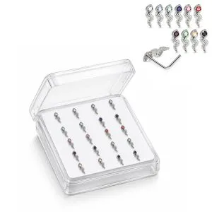 925 Sterling Silver Jeweled Snake Drop L-Bend Nose Stud Box (20 Pieces)