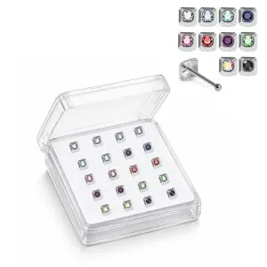 925 Sterling Silver Jeweled Square Frame Ball End Nose Stud Box (20pcs/40pcs)
