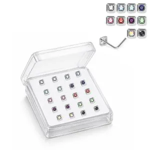 Professional wholesale display box of 925 sterling silver jeweled square frame rhinestone L-bend nose studs in assorted colors.