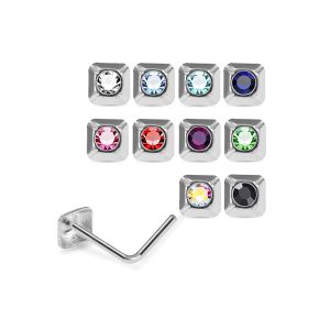 Assortment of rhinestone colors for 925 sterling silver jeweled square frame L-bend nose studs including clear, aqua, sapphire blue, pink, red, green, AB, and black.