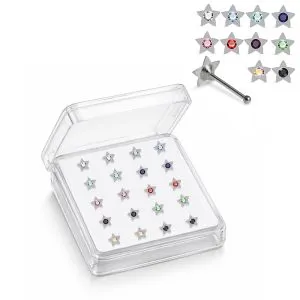 Professional wholesale display box of 925 sterling silver star rhinestone nose bone studs in assorted colors.
