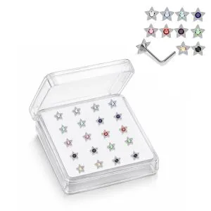 925 Sterling Silver Jeweled Star L-Bend Nose Stud Box (20 Pieces)