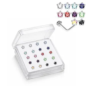 925 Sterling Silver Jeweled Star Prong L-Bend Nose Stud Box (20 Pieces)