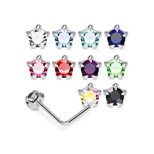 925 Sterling Silver Jeweled Star Prong L-Bend Nose Stud Box (20 Pieces)
