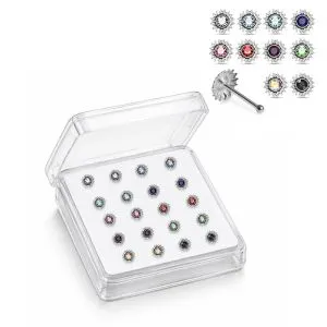 925 Sterling Silver Jeweled Sunburst Ball End Nose Stud Box (20pcs/40pcs)