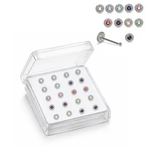 Professional wholesale display box of 925 sterling silver jeweled sunburst rhinestone nose bone studs in assorted colors.