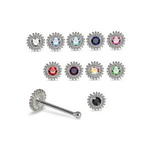 Assortment of rhinestone colors for 925 sterling silver jeweled sunburst nose bone studs including clear, aqua, sapphire blue, pink, red, green, AB, and black.