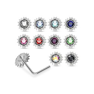 Assortment of rhinestone colors for 925 sterling silver jeweled sunburst L-bend nose studs including clear, aqua, sapphire blue, pink, red, green, AB, and black.