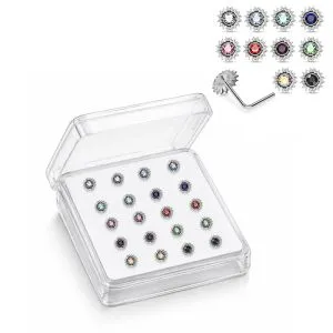 Professional wholesale display box of 925 sterling silver jeweled sunburst rhinestone L-bend nose studs in assorted colors.