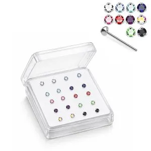 Professional wholesale display box of 925 sterling silver jeweled tri-flower straight end nose studs in assorted colors.