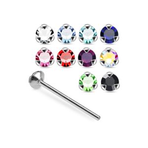 Assortment of rhinestone colors for 925 sterling silver jeweled tri-flower straight end nose studs including clear, aqua, sapphire blue, pink, red, green, AB, and black.