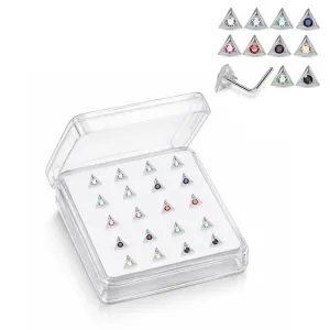 925 Sterling Silver Jeweled Triangle Bezel L-Bend Nose Stud Box (20 Pieces)