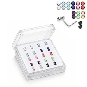 Professional wholesale display box of 925 sterling silver jeweled trinity bead rhinestone L-bend nose studs in assorted colors.