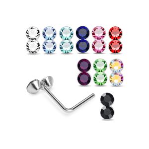 Assortment of rhinestone colors for 925 sterling silver jeweled trinity bead L-bend nose studs including clear, aqua, sapphire blue, pink, red, green, AB, and black.