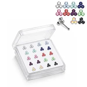 Professional wholesale display box of 925 sterling silver tri-cluster rhinestone nose bone studs in assorted colors.