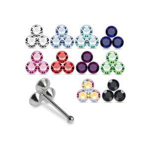 Assortment of rhinestone colors for 925 sterling silver three-stone cluster nose bone studs including clear, aqua, sapphire blue, pink, red, green, AB, and black.