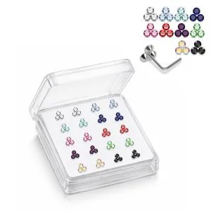 925 Sterling Silver Jeweled Trinity Cluster L-Bend Nose Stud Box (20 Pieces)