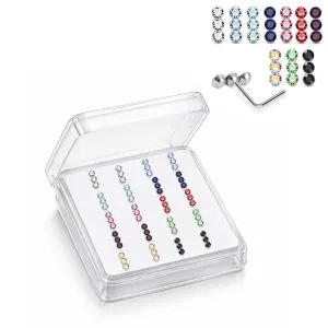 925 Sterling Silver Jeweled Triple Bezel L-Bend Nose Stud Box (20 Pieces)