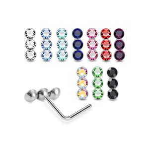 925 Sterling Silver Jeweled Triple Bezel L-Bend Nose Stud Box (20 Pieces)