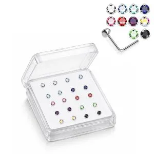 Professional wholesale display box of 925 sterling silver jeweled triple prong L-bend nose studs in assorted colors.