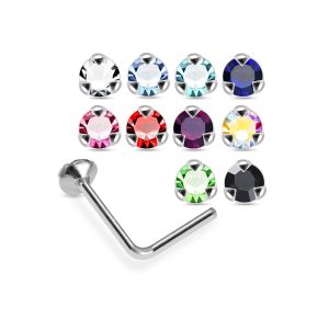 Assortment of rhinestone colors for 925 sterling silver jeweled triple prong L-bend nose studs including clear, aqua, sapphire blue, pink, red, green, AB, and black.