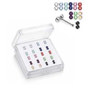 925 Sterling Silver Jeweled Twin Bezel Ball End Nose Stud Box (20pcs/40pcs)