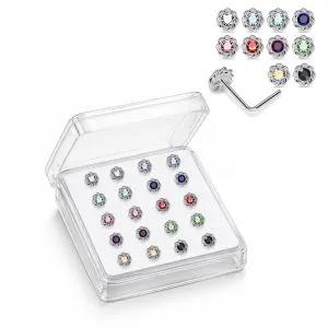 925 Sterling Silver Jeweled Twisted  L-Bend Nose Stud Box (20 Pieces)