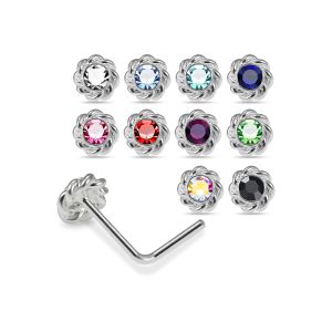 925 Sterling Silver Jeweled Twisted  L-Bend Nose Stud Box (20 Pieces)