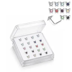 925 Sterling Silver Jeweled Winged Butterfly L-Bend Nose Stud Box (20 Pieces)