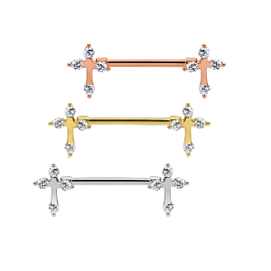 Surgical Steel Cross with Prong set CZ stones Nipple Piercing Bar