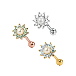 Round Flower and Pearl in Center 925 Sterling Silver Cartilage Tragus Piercing Ear Stud