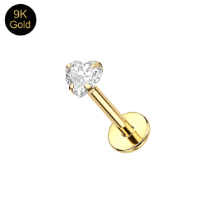 Close up of the 3mm heart-cut Cubic Zirconia stone prong-set in high-polish 9K solid yellow gold.